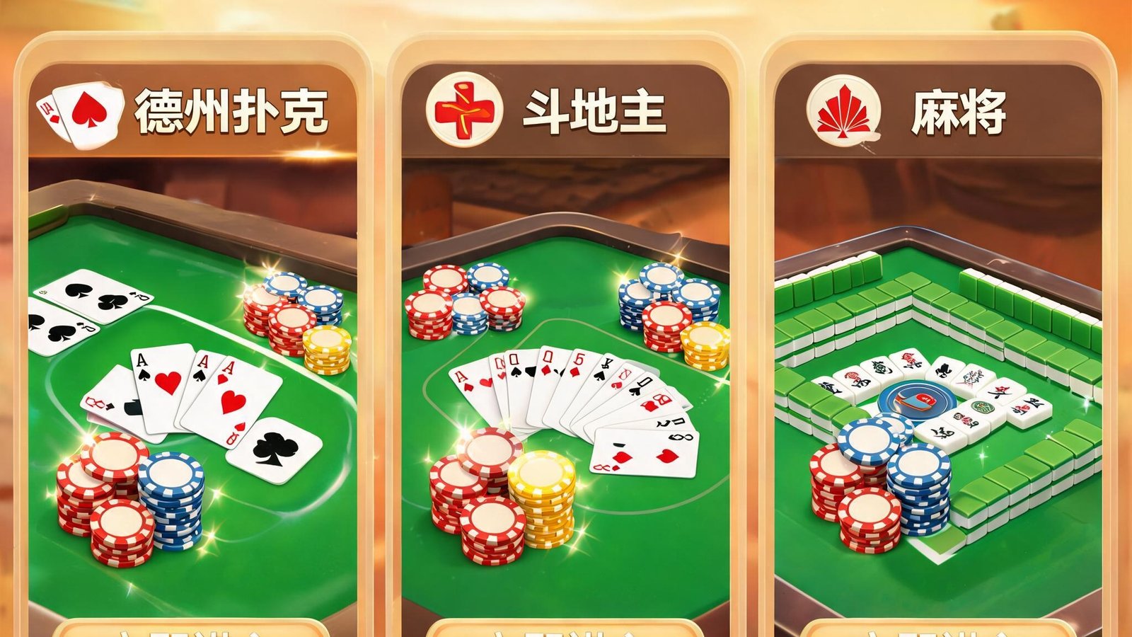 爱游戏棋牌大厅界面，展示德州扑克、斗地主、麻将的实景桌台，筹码闪烁，氛围明亮